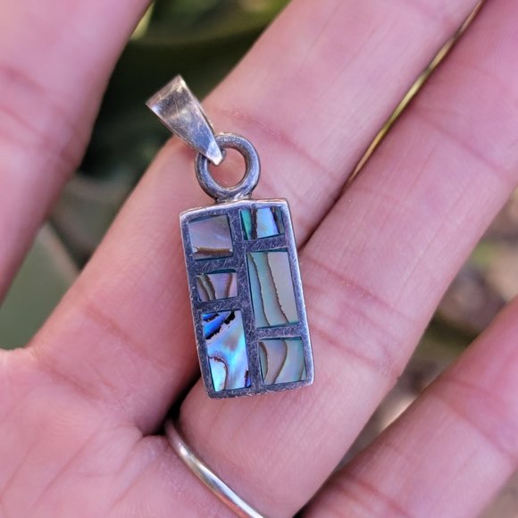Southwestern vintage abalone shell inlay 925 sterling silver necklace pendant - Picture 9 of 13